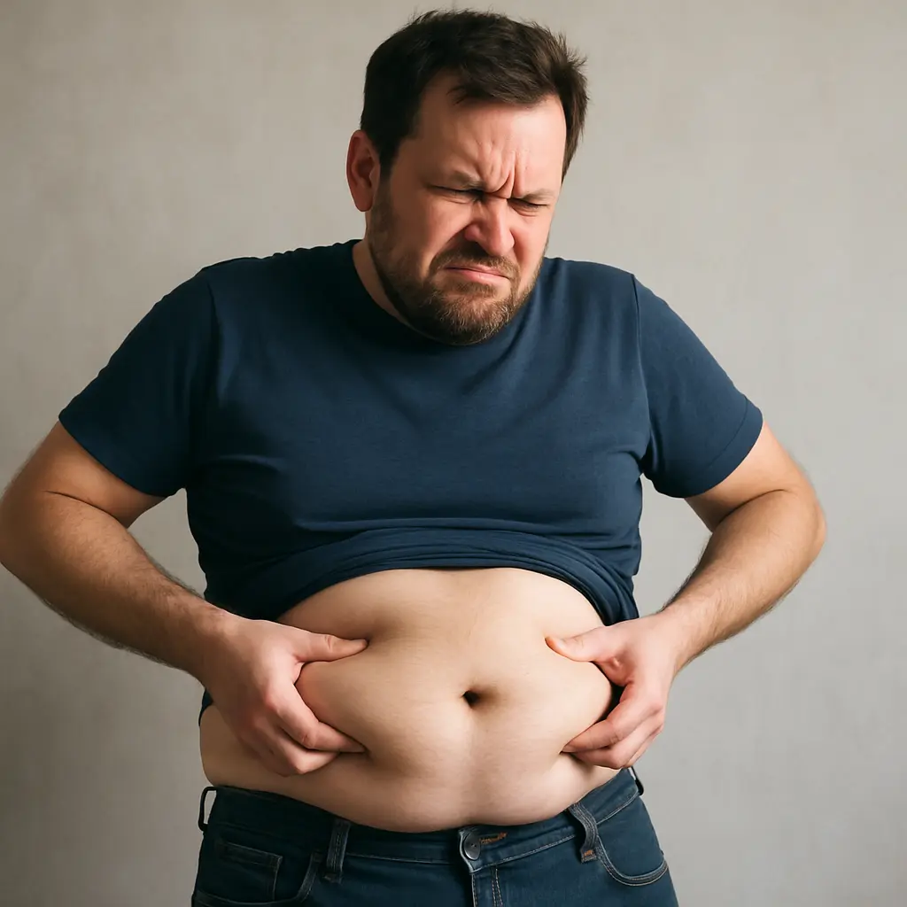 A frustrated man struggling to get rid of his excess belly fat